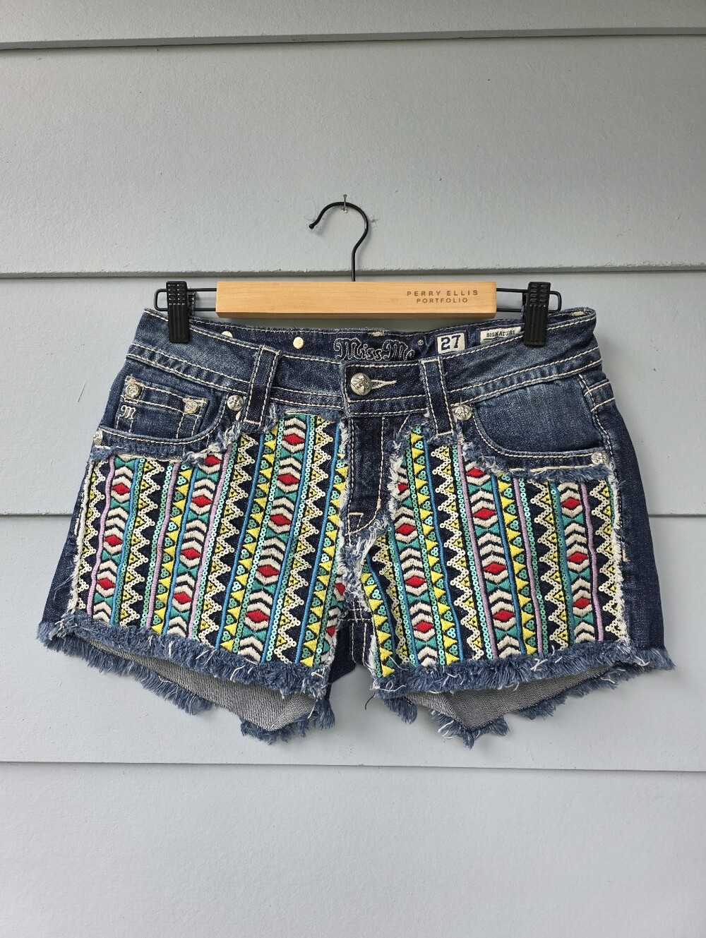 Miss Me Signature Cut Off Denim Shorts 27 Low Rise Aztec Sequin Embroidered $130